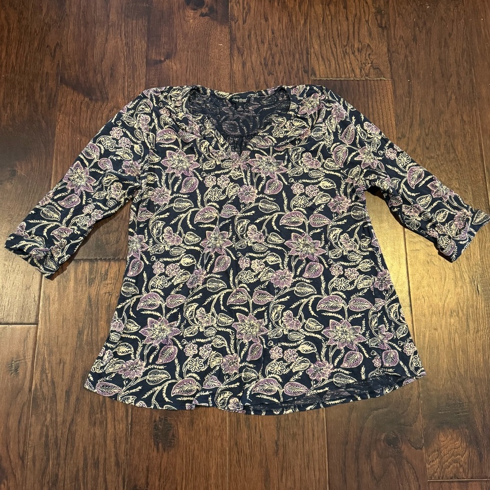 Lucky Brand Floral Print Knit Tunic - Dark Navy and Purple, 3/4 sleeves, 1X